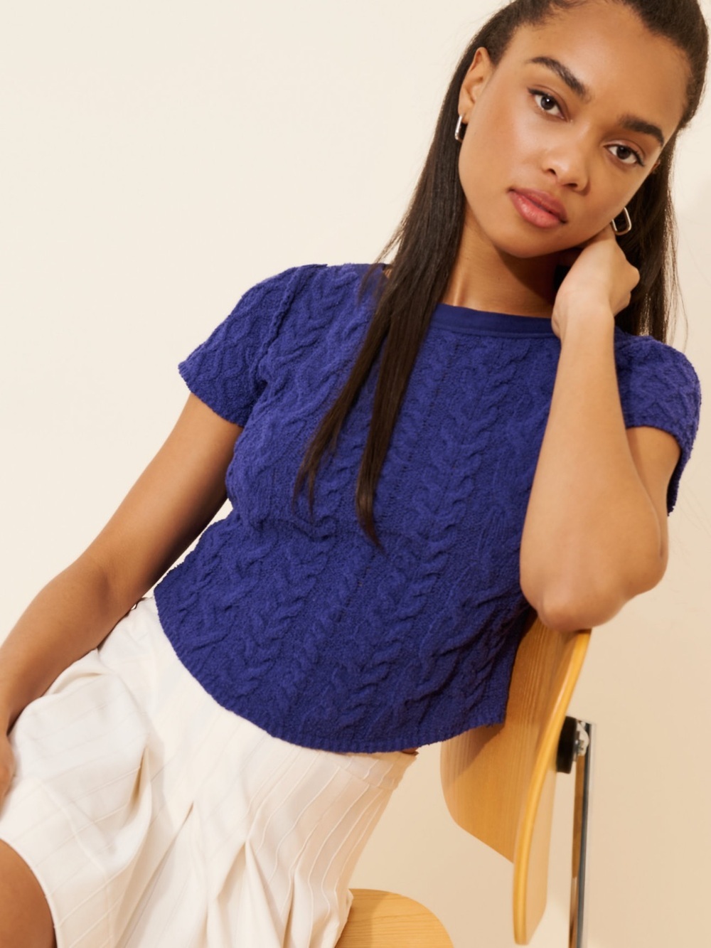 Free People “Baby Cable Tee” Knit Fitted Sweater - Sz M Blue/Purple
